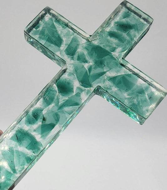 Custom Clear Epoxy Cross with Broken Colored Glass - A Symbol of Healing - Customizable Spiritual Art