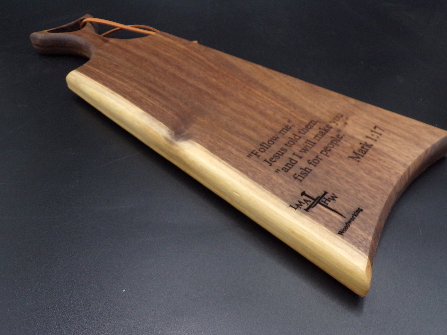 Embrace Faith and Flavor with Our Personalized Walnut Fishtail Paddle Charcuterie Bread Board