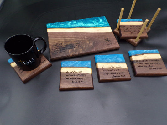 Personalized Walnut Epoxy Charcuterie Board and Coaster Set: God's Love, Faith and Transformation
