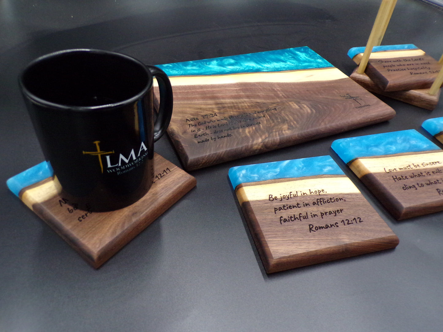 Personalized Walnut Epoxy Charcuterie Board and Coaster Set: God's Love, Faith and Transformation