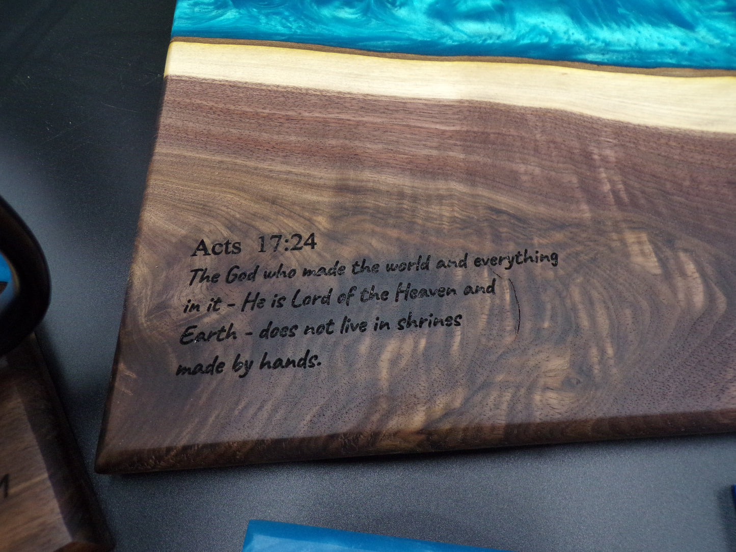 Personalized Walnut Epoxy Charcuterie Board and Coaster Set: God's Love, Faith and Transformation