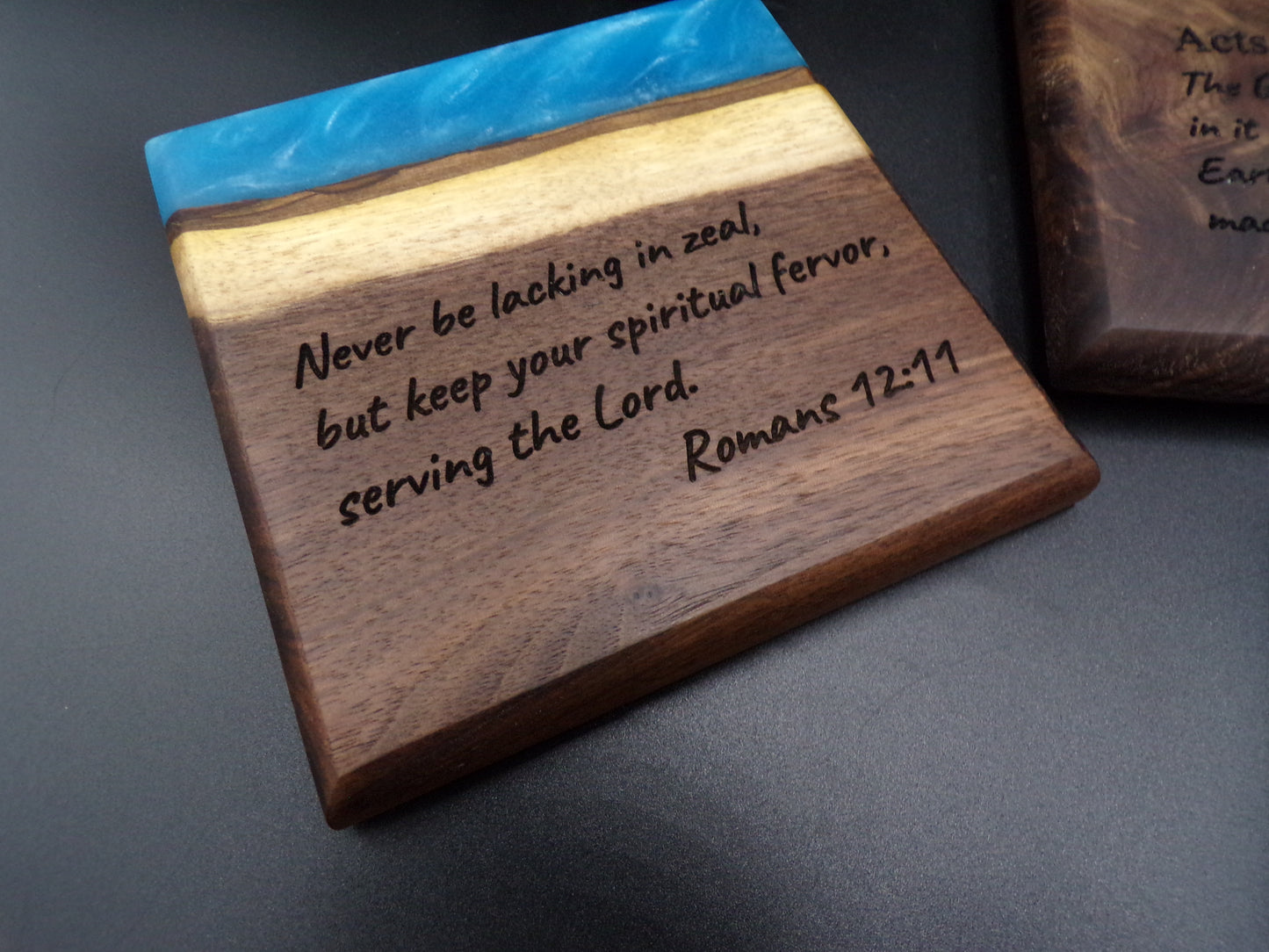 Personalized Bible Verse Live Edge Walnut with Custom Epoxy Inlay Coasters Set