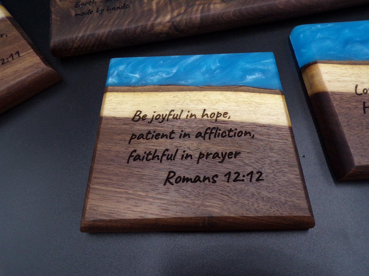 Personalized Bible Verse Live Edge Walnut with Custom Epoxy Inlay Coasters Set