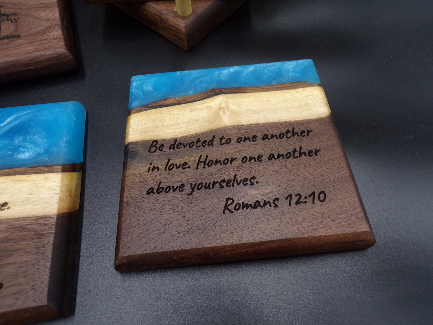 Personalized Walnut Epoxy Charcuterie Board and Coaster Set: God's Love, Faith and Transformation