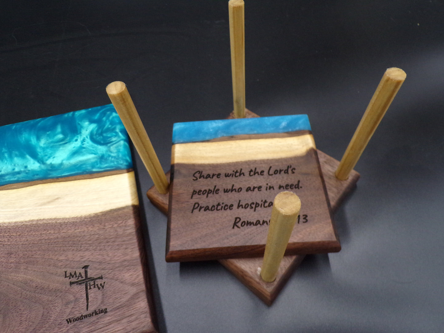 Personalized Walnut Epoxy Charcuterie Board and Coaster Set: God's Love, Faith and Transformation