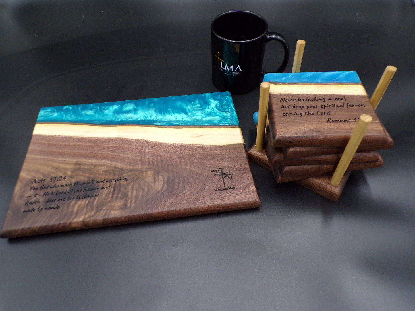 Personalized Walnut Epoxy Charcuterie Board and Coaster Set: God's Love, Faith and Transformation