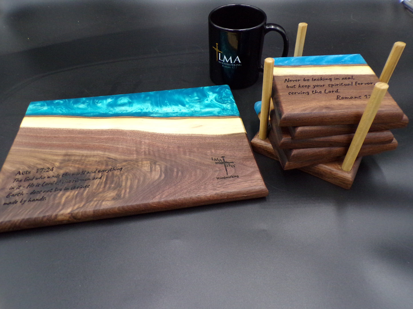 Personalized Walnut Epoxy Charcuterie Board and Coaster Set: God's Love, Faith and Transformation