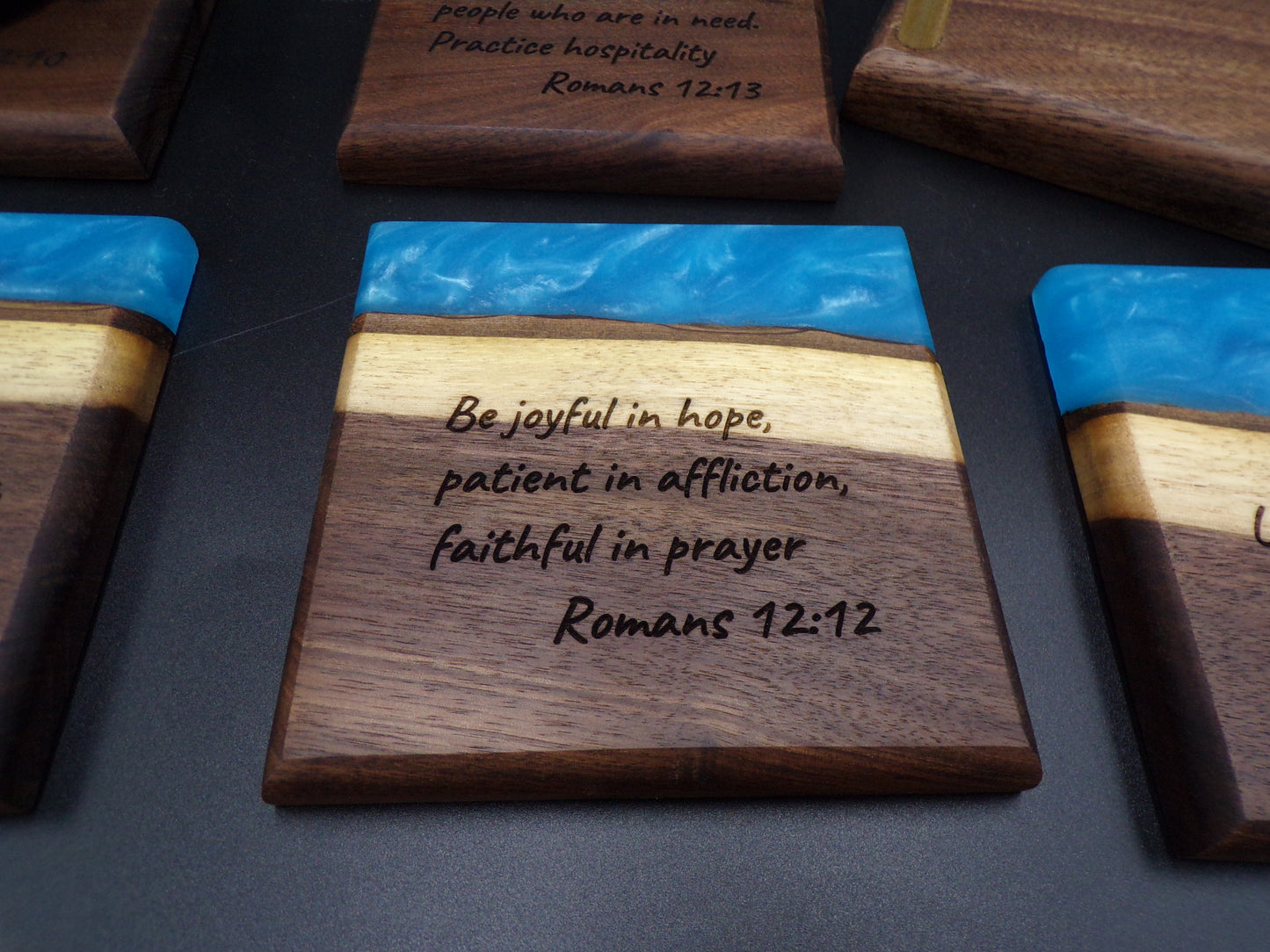 Personalized Bible Verse Live Edge Walnut with Custom Epoxy Inlay Coasters Set