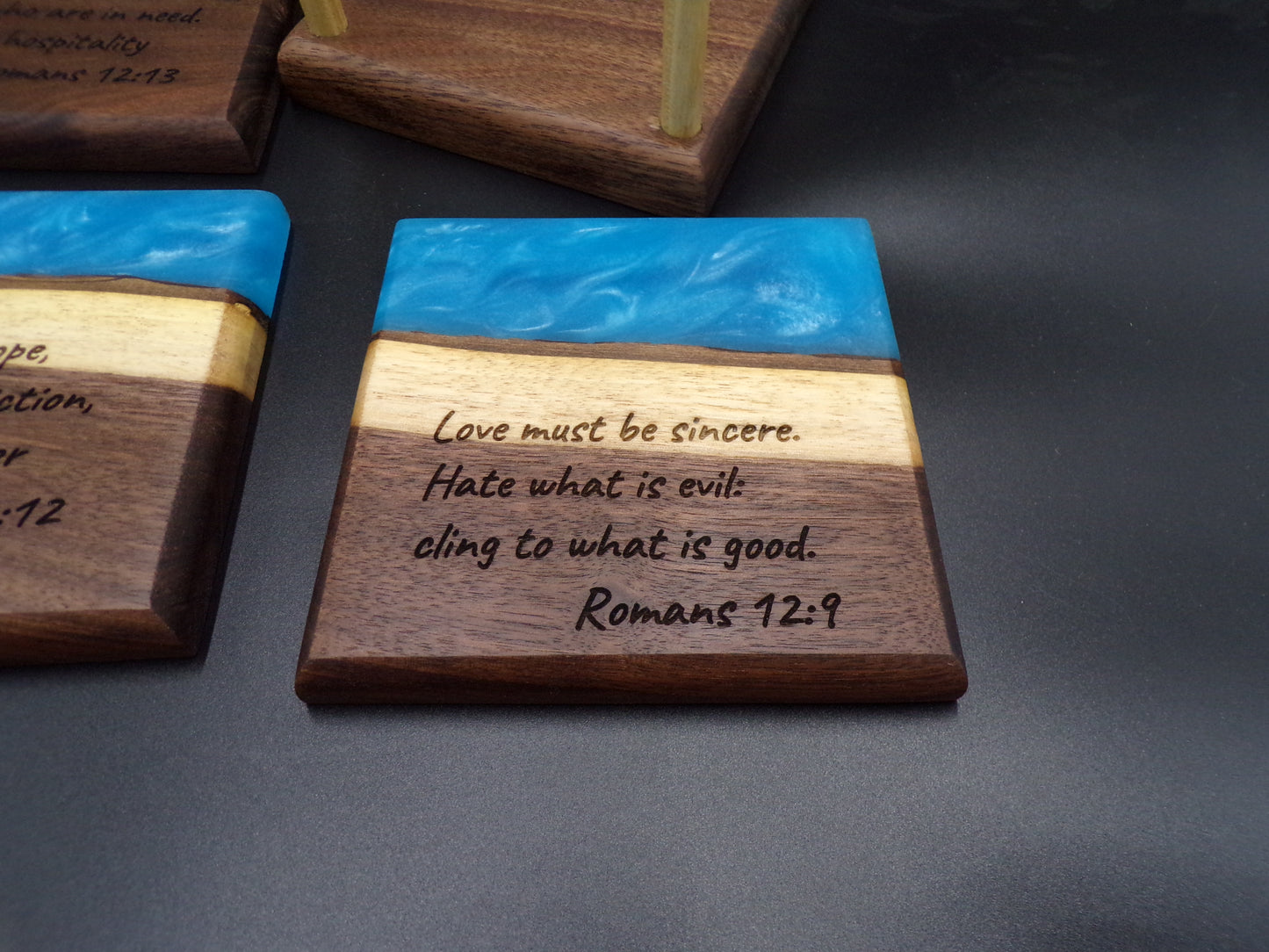 Personalized Bible Verse Live Edge Walnut with Custom Epoxy Inlay Coasters Set