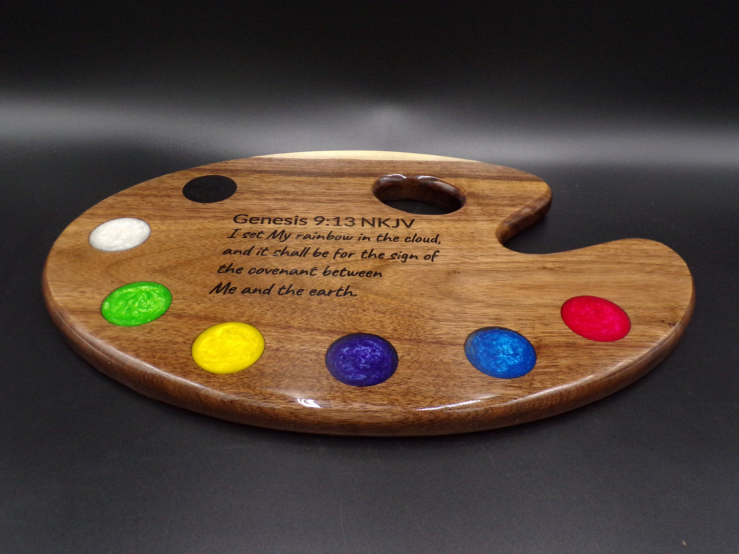 Elevate Your Artistic Culinary Creations with Our Personalized Painters Palette Bible Verse Walnut Charcuterie Board