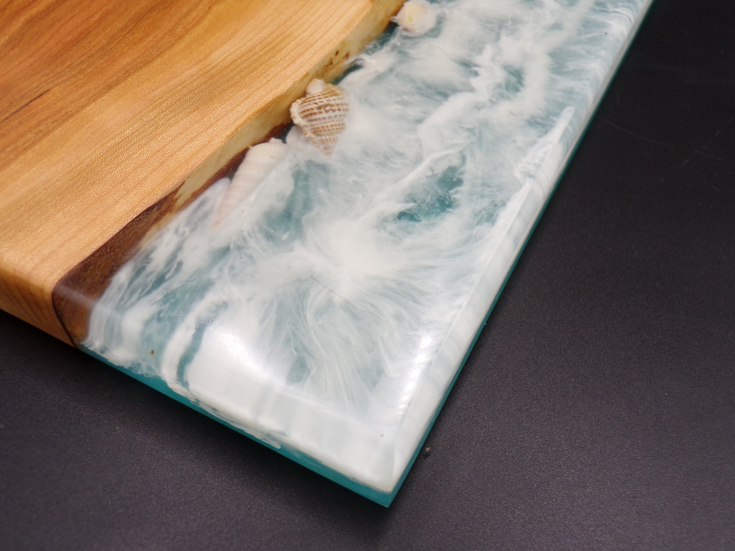 Ocean Wave and Beach with Seashells Custom Epoxy Art Personalized Bible Verse Olive Wood Charcuterie Board