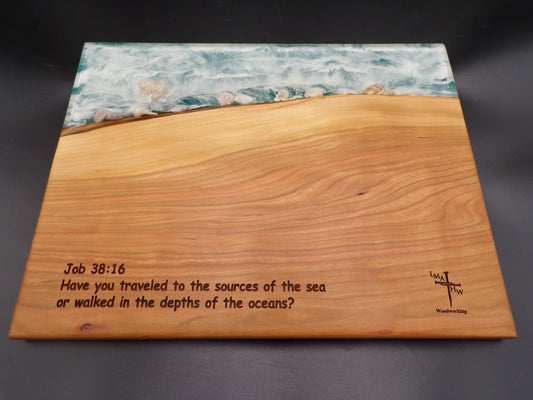 Ocean Wave and Beach with Seashells Custom Epoxy Art Personalized Bible Verse Olive Wood Charcuterie Board
