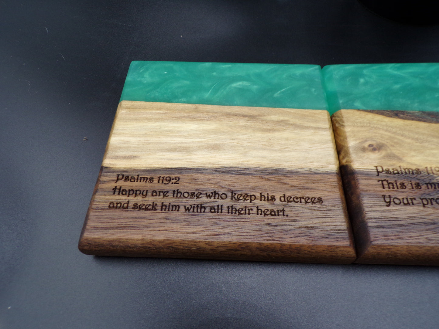 Enhance Your Gatherings with Our Personalized Bible Verse Live Edge Walnut Charcuterie Board and Coaster Set