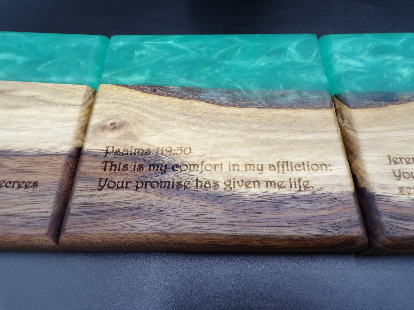 Enhance Your Gatherings with Our Personalized Bible Verse Live Edge Walnut Charcuterie Board and Coaster Set