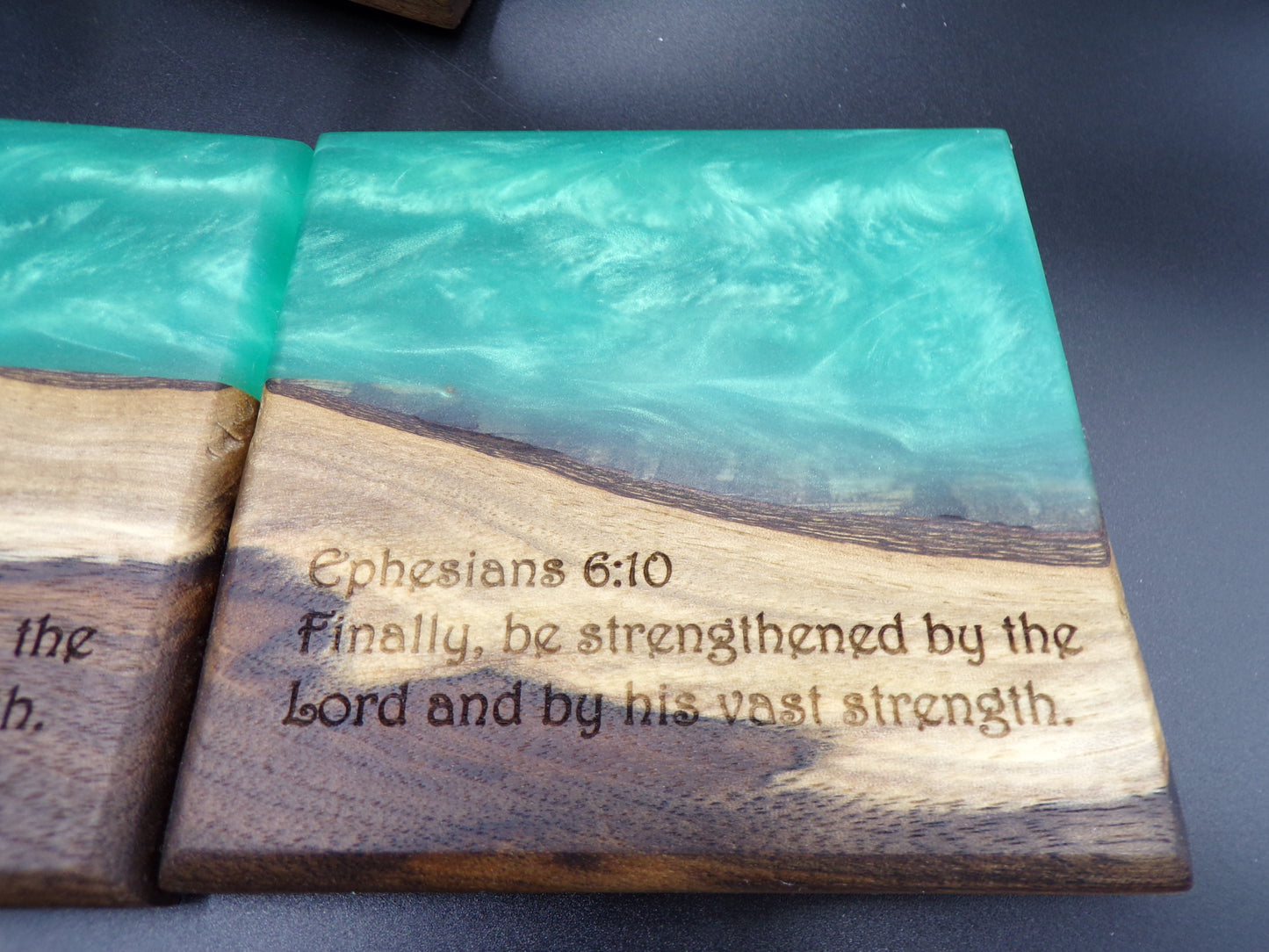 Enhance Your Gatherings with Our Personalized Bible Verse Live Edge Walnut Charcuterie Board and Coaster Set