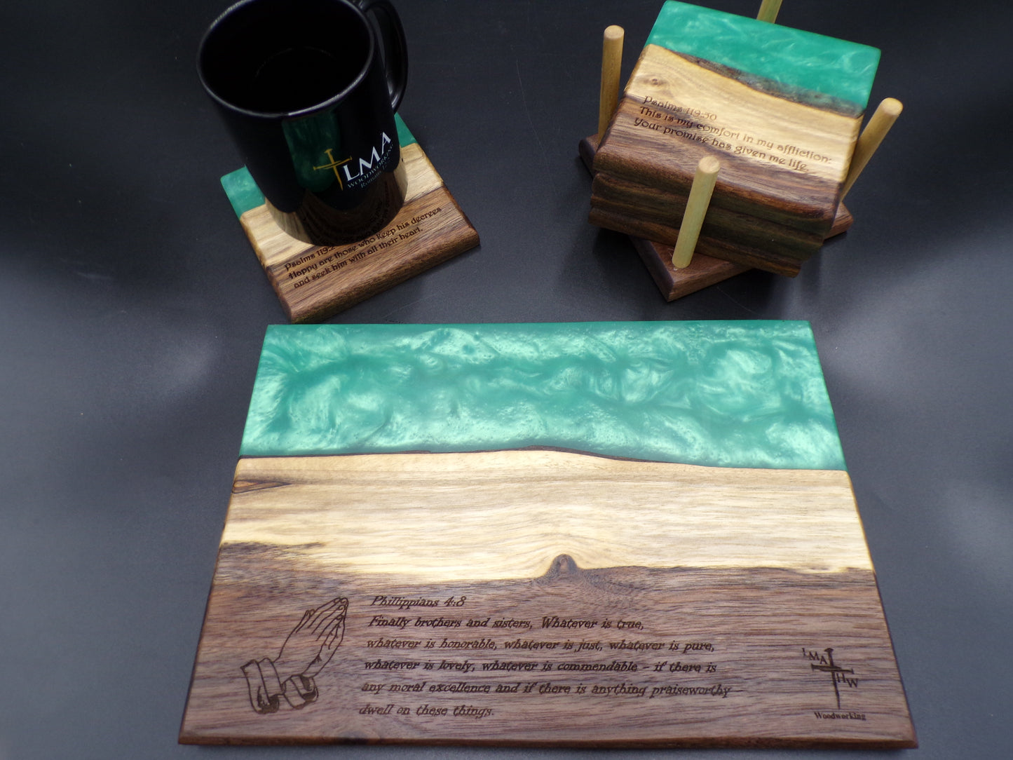 Enhance Your Gatherings with Our Personalized Bible Verse Live Edge Walnut Charcuterie Board and Coaster Set