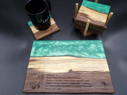 Enhance Your Gatherings with Our Personalized Bible Verse Live Edge Walnut Charcuterie Board and Coaster Set