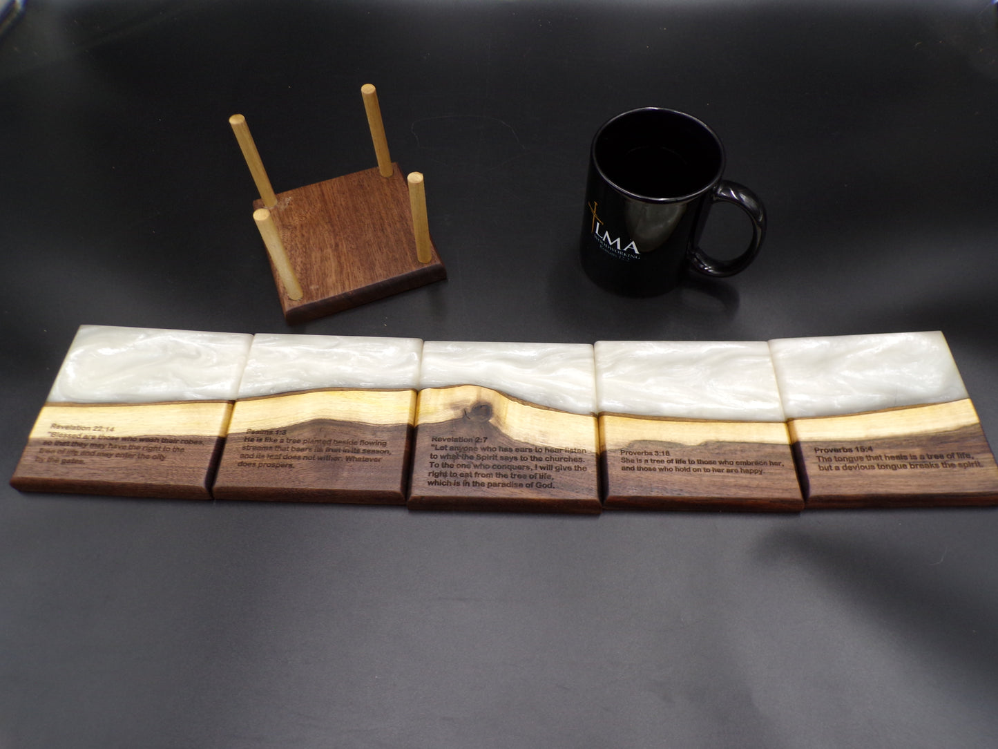 Elevate Your Faith and Entertaining Experience with Our Personalized Bible Verse Live Edge River Walnut Charcuterie Board and Coaster Set