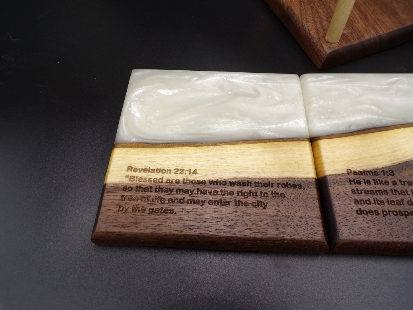 Elevate Your Faith and Entertaining Experience with Our Personalized Bible Verse Live Edge River Walnut Charcuterie Board and Coaster Set