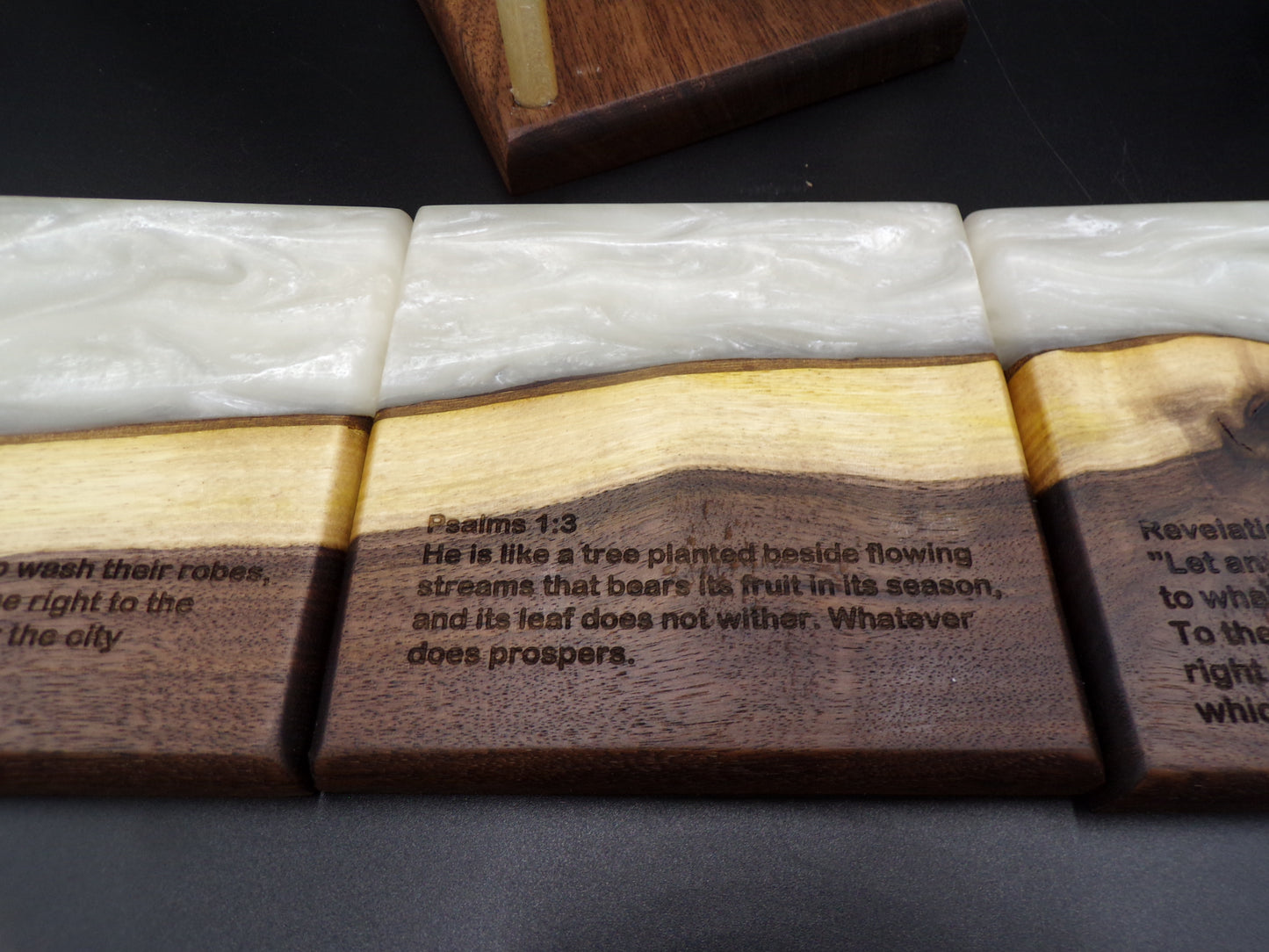 Elevate Your Faith and Entertaining Experience with Our Personalized Bible Verse Live Edge River Walnut Charcuterie Board and Coaster Set