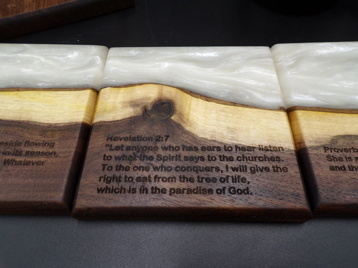 Personalized Bible Verse Live Edge Walnut Custom White Epoxy Coasters Set