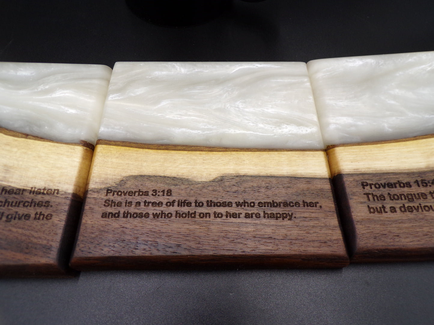 Personalized Bible Verse Live Edge Walnut Custom White Epoxy Coasters Set