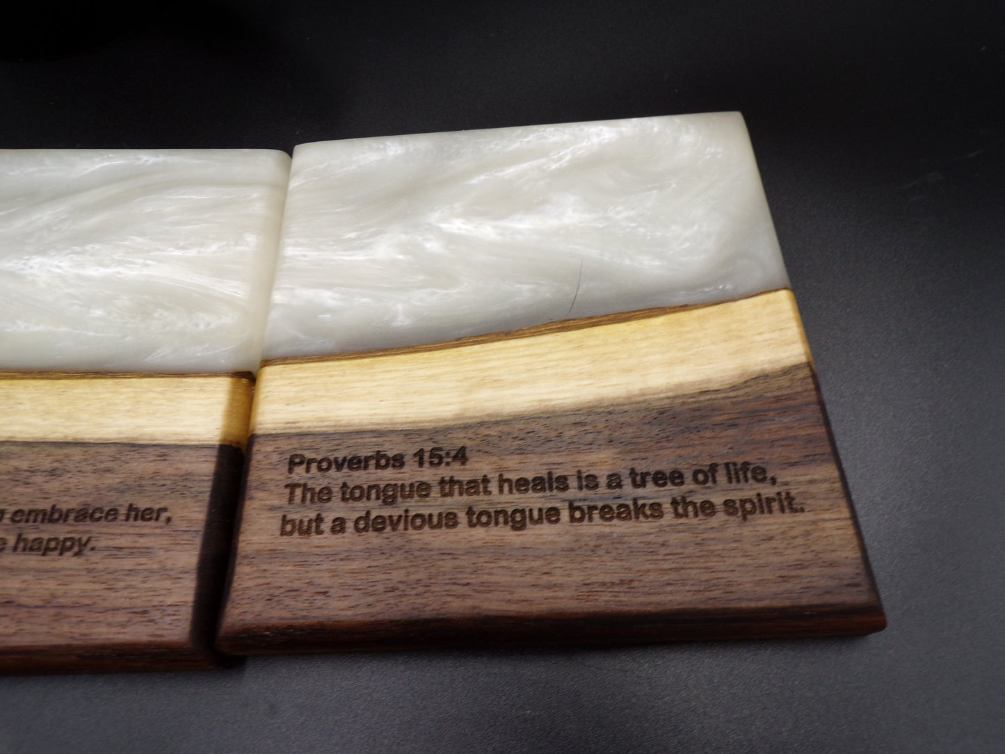 Elevate Your Faith and Entertaining Experience with Our Personalized Bible Verse Live Edge River Walnut Charcuterie Board and Coaster Set