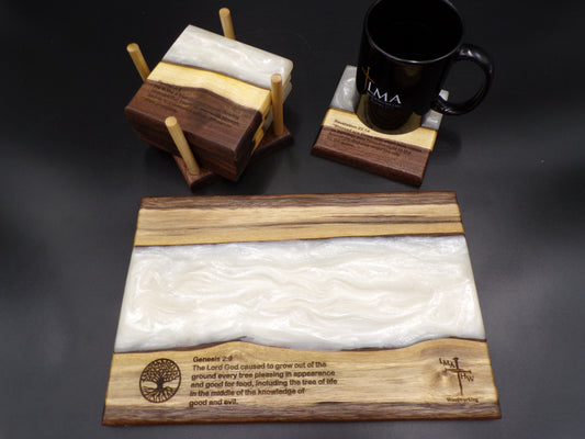 Elevate Your Faith and Entertaining Experience with Our Personalized Bible Verse Live Edge River Walnut Charcuterie Board and Coaster Set