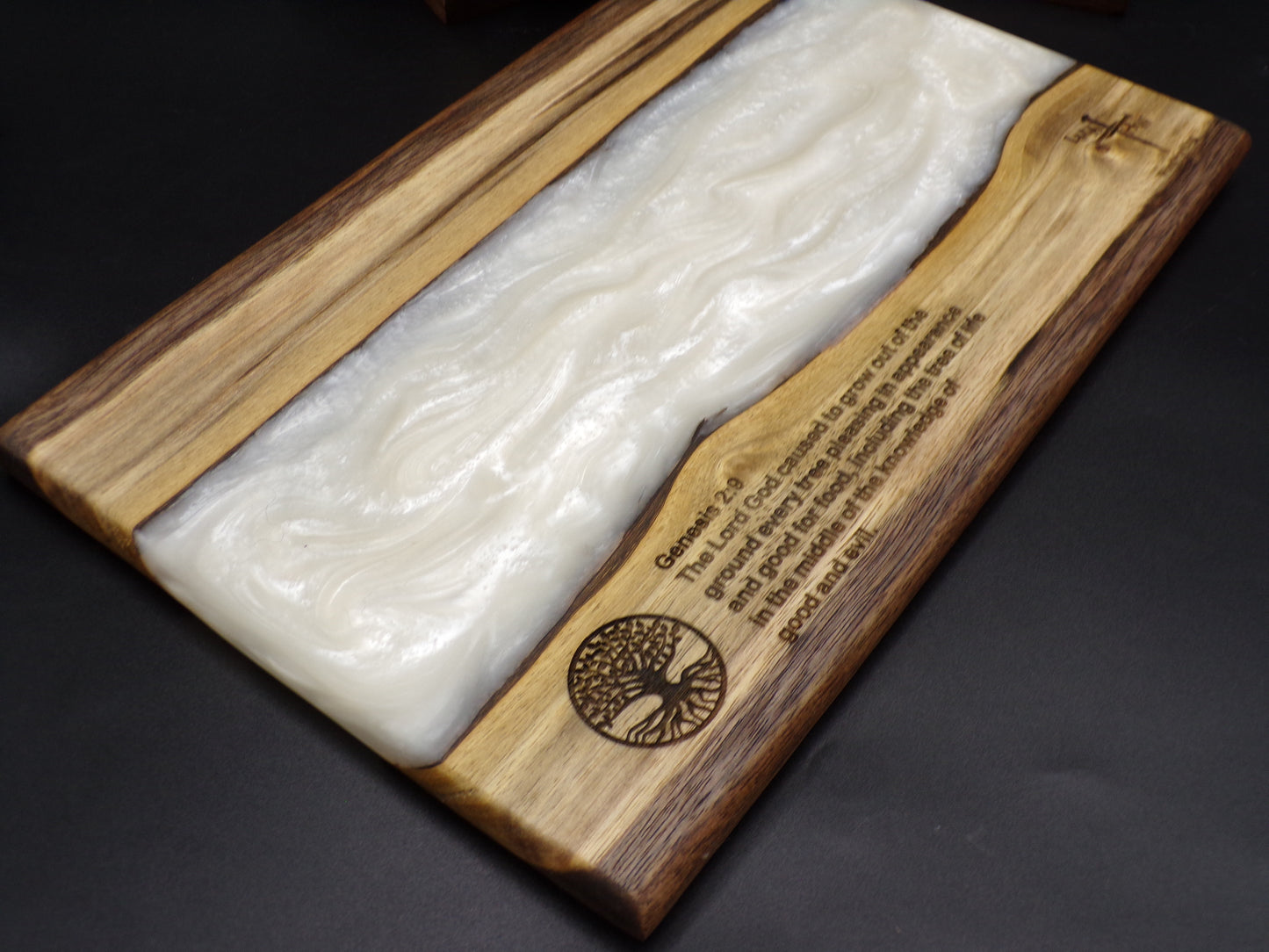 Elevate Your Faith and Entertaining Experience with Our Personalized Bible Verse Live Edge River Walnut Charcuterie Board and Coaster Set