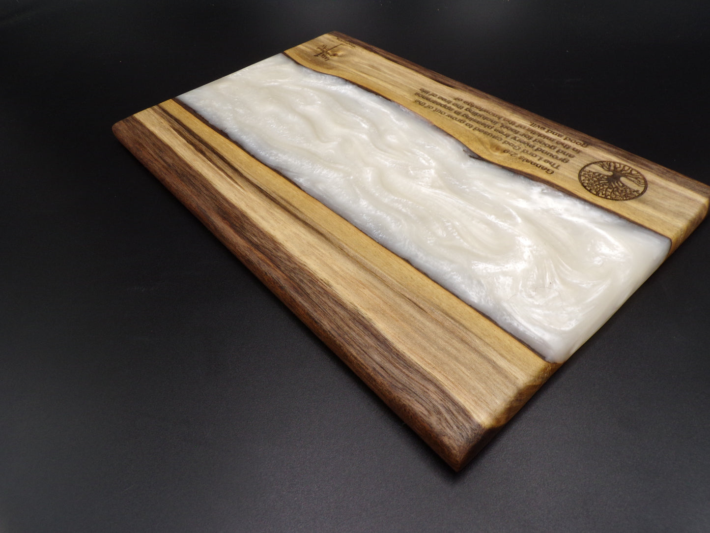 Elevate Your Faith and Entertaining Experience with Our Personalized Bible Verse Live Edge River Walnut Charcuterie Board and Coaster Set