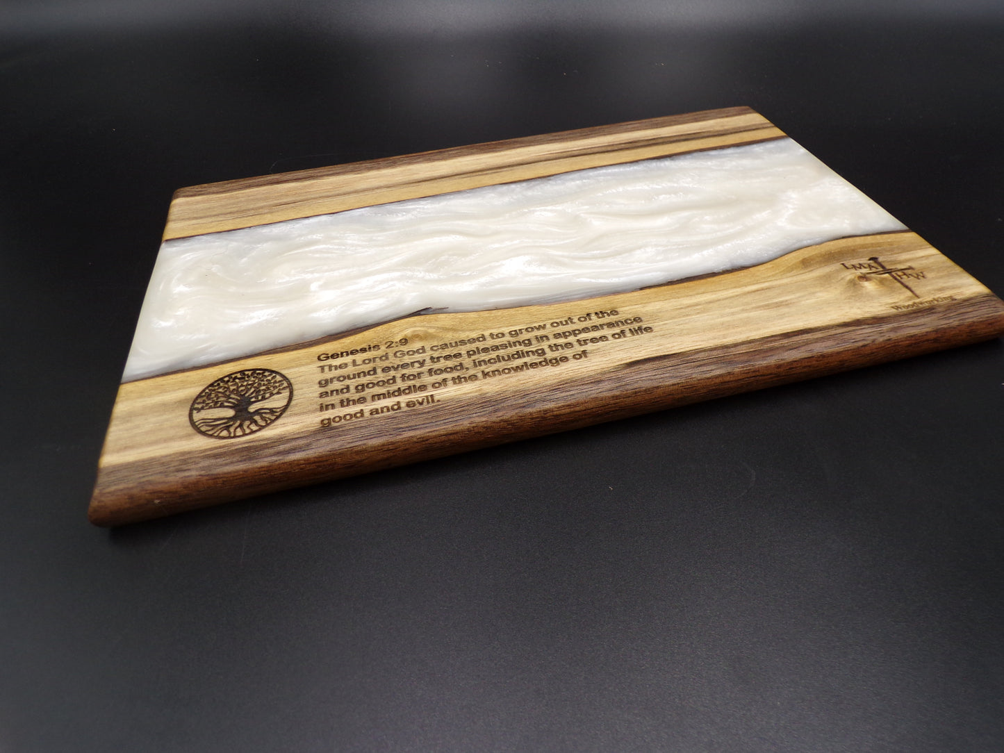 Elevate Your Faith and Entertaining Experience with Our Personalized Bible Verse Live Edge River Walnut Charcuterie Board and Coaster Set