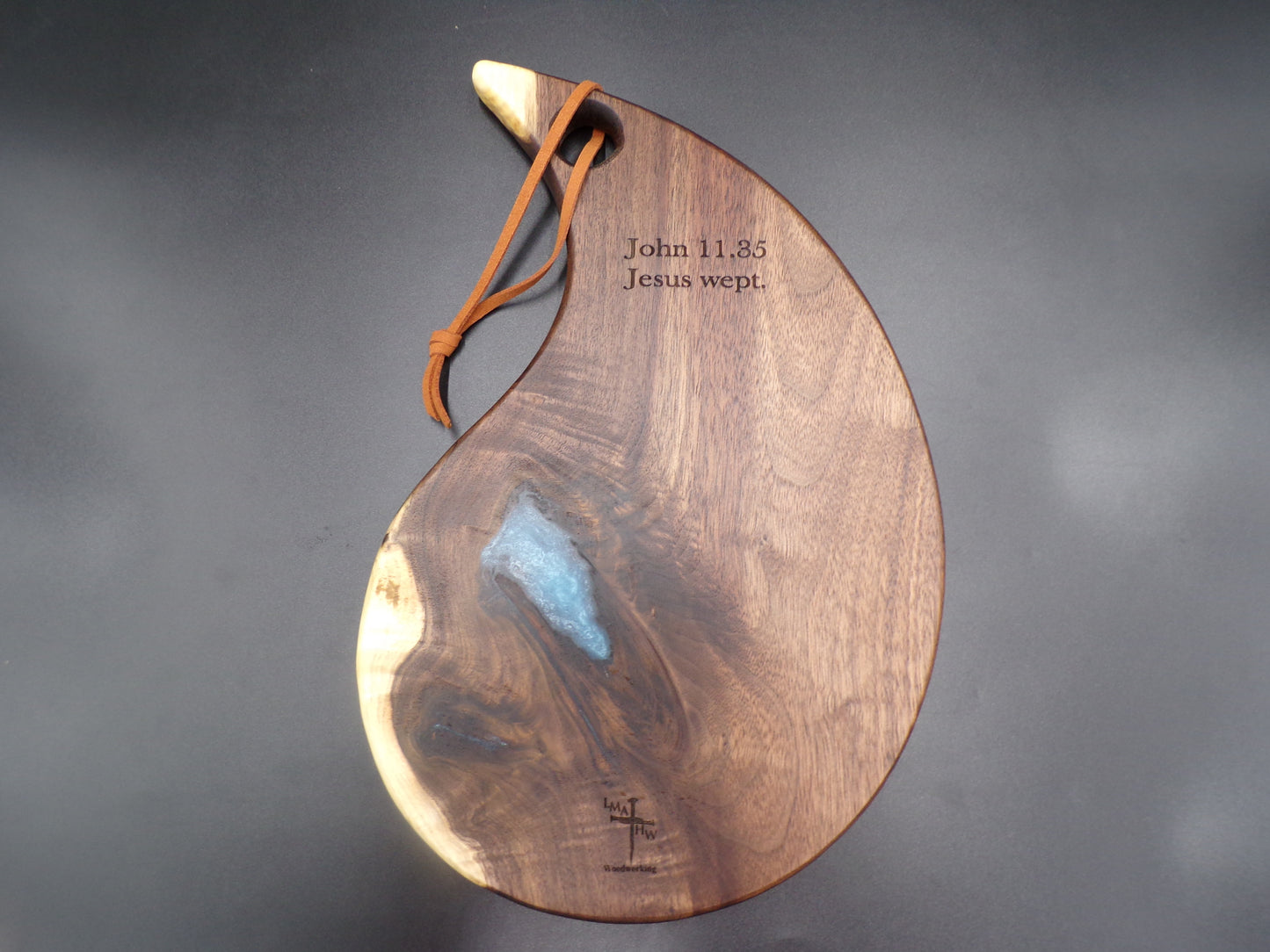 Elevate Your Faith and Hosting Experience with Our Custom Tear Drop Personalized Bible Verse Walnut Charcuterie Bread Board